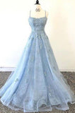 Lace Appliques Sky Blue Prom Dresses with Criss Cross Back OKP13