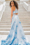 Flowers Appliques Light Sky Blue Prom Dresses OKL99