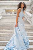 Flowers Appliques Light Sky Blue Prom Dresses OKL99