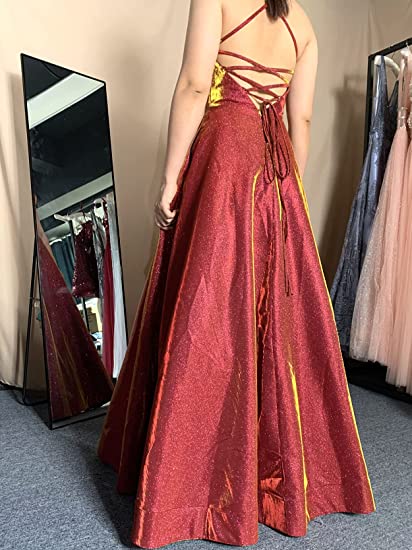 Burgundy Spaghetti Straps Long A-line Prom Dress with Pockets Slit OKY44