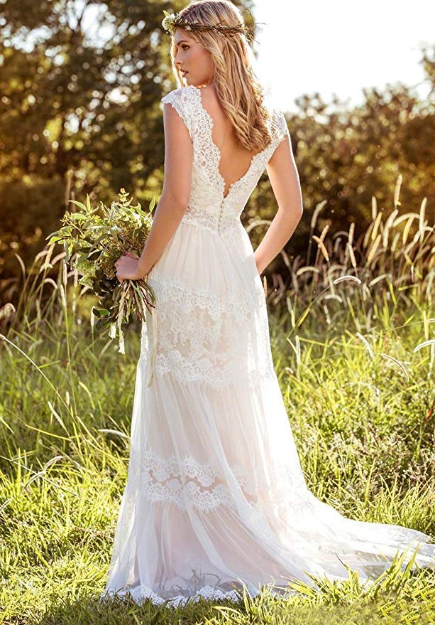 Bohemian A Line V Neck Lace Bridal Gown Simple Beach Wedding Dress OKK37