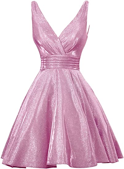 Pink Sequins Short Homecoming Dress A-line V Neck Graduation Dress Party Gown OKY51
