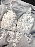 Grey A-line Satin Long Prom Dress for Women Evening Dress With Lace Appliqued OKY55