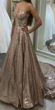 Sparkly Sequin V Neck Long Junior Prom Dress with Straps OKI27