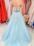 Light Blue Tulle Lace Appliques Two Pieces Long Prom Dress Formal A Line Evening Dress OK1175