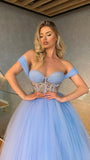 Unique Off-the-Shoulder Sweetheart Cristal A Line Tea Length Tulle Prom Dress OK1955