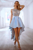 Blue Lace Apppliques Satin Prom Dresses High Low Prom Gown OKQ44