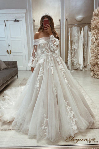 A Line Off the Shoulder Long Sleeve Tulle Wedding Dress with Appliques N091