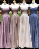 A-Line Sparkle Long Prom Dress With Split Pocket Backless Evening Dress OK1219