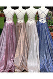 A-Line Sparkle Long Prom Dress With Split Pocket Backless Evening Dress OK1219