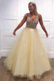 Yellow A Line Tulle V Neck Beads Long Prom Dress Formal Evening Dress OK1046