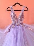 A Line V Neck Tulle Lilac Appliques Long Prom Dress. Formal Evening Dress OK1188