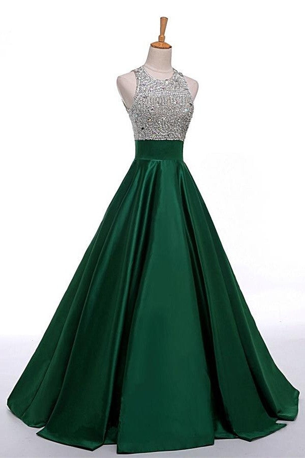 Beautiful Green Satin Beading Long Simple Cheap Handmade Prom Dress K717