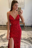 Spaghett iStraps Red Sequin V-Neck Fringe Mermaid Long Formal Prom Dress OK1691