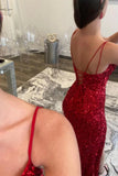 Spaghett iStraps Red Sequin V-Neck Fringe Mermaid Long Formal Prom Dress OK1691