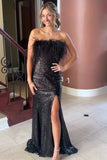 Sequin Feather Strapless Long Formal Evening Gown with Slit Prom Dress OK1892