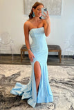Light Blue Strapless Mermaid Long Prom Dress Formal Evening Dresses PD0015