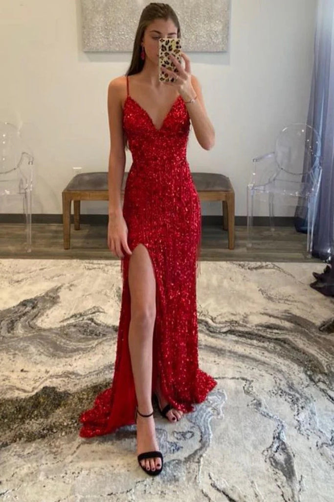 Spaghett iStraps Red Sequin V-Neck Fringe Mermaid Long Formal Prom Dress OK1691