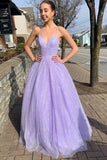 Sparkle Lilac Spaghetti Straps Long Prom Dress A Line V-neck Formal Dress OK1128