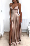 A Line Spaghetti Straps Sexy Slit Prom Dress. Cheap Long Evening Dress OKJ26