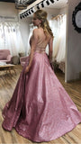 A-line Scoop Spaghetti Straps Sparkle Long Pink Prom Dress with Pockets OK1243