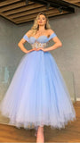 Unique Off-the-Shoulder Sweetheart Cristal A Line Tea Length Tulle Prom Dress OK1955