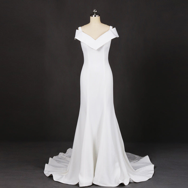 Mermaid V Neck Off White Simple Wedding Dresses, Long Bridal Dresses OKQ18