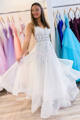 White V neck Tulle Sequina Long Prom Dresses A Line Evening Dress OKQ50