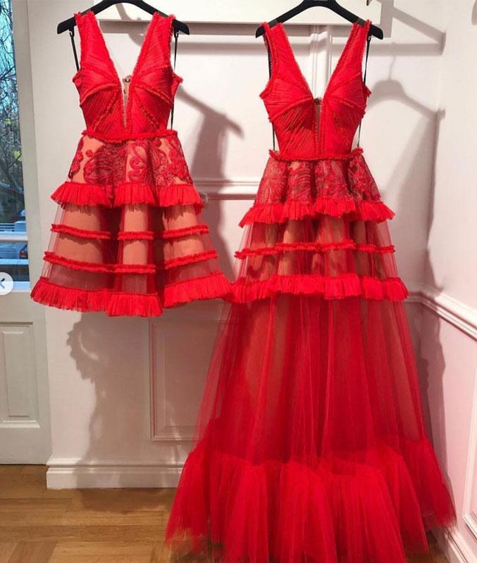 Charming Red V Neck Tulle Long Prom Dresses, Evening Ddress OKP62