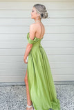 A Line Off the Shoulder Satin Long Prom Dress Simple Evening Dress OK1182