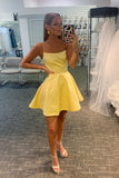 Simple Yellow Satin Short Prom Dress A-line Spaghetti Straps Homecoming Dress OKX47