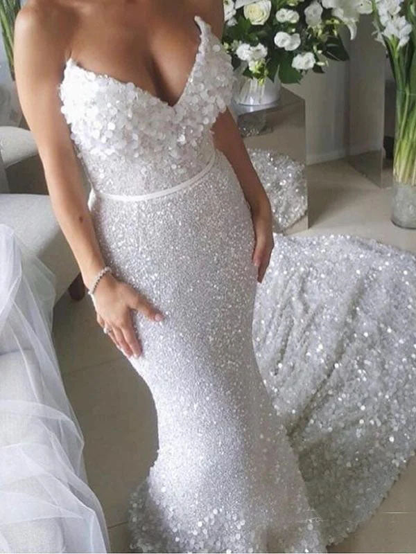 Sexy Mermaid Sweetheart Silver Full Sequins Long Wedding Dress Bridal Dress OK1512