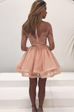 A-Line Round Neck Long Sleeves Prom Gowns,Pink Organza Short Homecoming Dress with Lace OK512