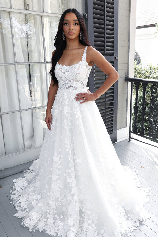 Charming A Line Square Neck Tulle Long Wedding Dress with Lace N102