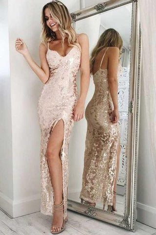 Mermaid Spaghetti Straps Pearl Pink Sequined Split Sexy Prom Dresses OKE86