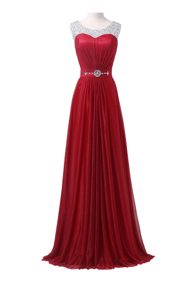 Red Long Beading Sparkly Modest A-line Floor Length Prom Dress K747