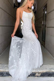 White Tulle Backless Long Mermaid Wedding Dress with Lace Appliques OK1111