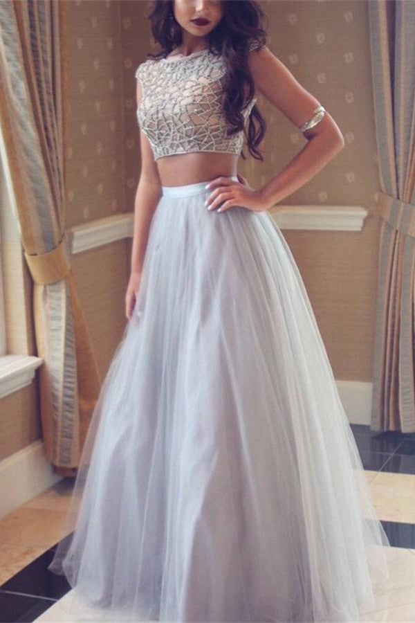 Sparkly Beaded Two Pieces Modest Long Tulle Party Prom Dress K768