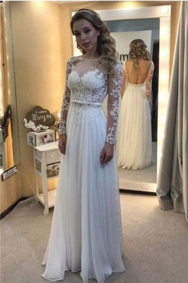 White Lace Chiffon Backless A-line Long Prom Dress With Sleeves W35