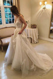 Vintage Rustic A-Line Tulle V Back Wedding Dress V Neck Lace Appliques Bridal Gown OKZ32