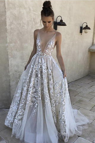 Elegant A Line Deep V-Neck Ivory Tulle Long Prom Dresses with Lace Appliques OKI39