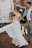A Line Long Sleeves Lace V Nack Boho Beach Wedding Dress Bridal Gowns OK1133