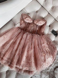 A-line Sweetheart Sleeveless Tulle Short Prom Dresses, Hoco Dresses with Beads OK1774