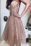 A-line Sweetheart Sleeveless Tulle Short Prom Dresses, Hoco Dresses with Beads OK1774