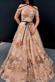 A-line Off The Shoulder Lace Appliques Unique Long Prom Dress OKF26