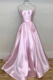 A-line Spaghetti Straps Pink Satin Long Prom Dress With Pockts Simple Evening Party Dress OKS93