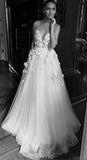 A Line Sweetheart Hand-Made Flowers Beaded Bridal Gowns Tulle Long Wedding Dress OK1131