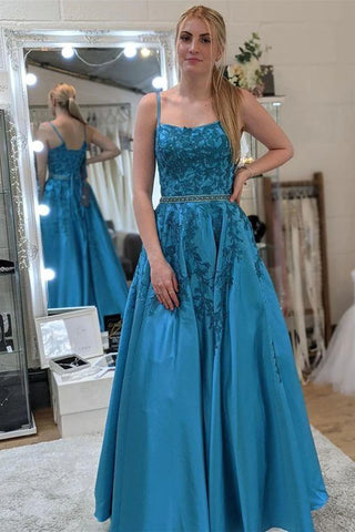A Line Blue Lace Appliques Long Prom Dresses with Belt, Formal Evening Dresses OK1821