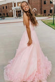 A Line Pink 3D Flowers Tulle Long Prom Dress with Straps Formal Evening Dress OK1257