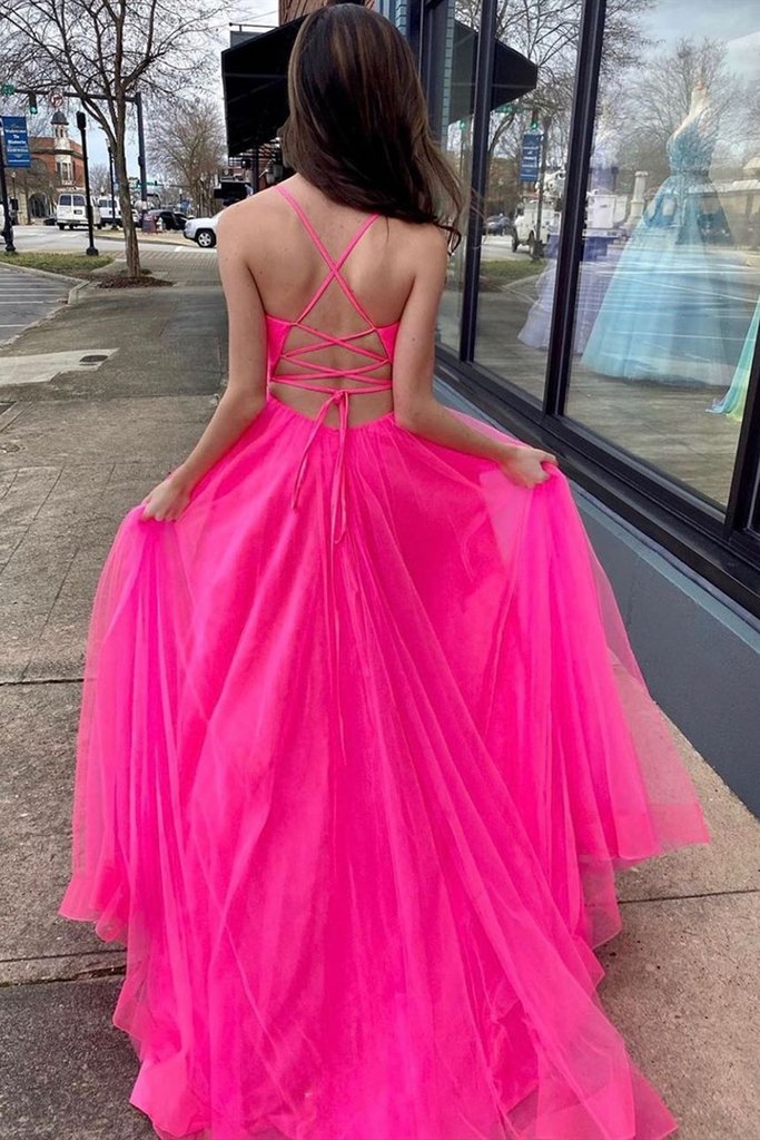 A-line V Neck Hot Pink Prom Dress With Slit OKZ7